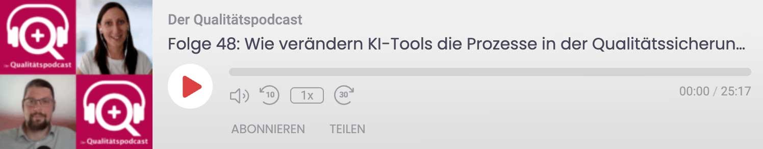 Podcast-Player mit Titel zu KI-Tools in der Qualitätssicherung, zwei Moderator*innen-Bilder links.