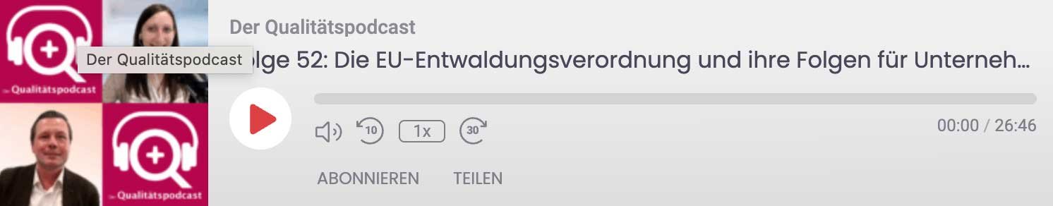Podcast-Player zu EU-Entwaldungsverordnung mit Moderator*innenbildern.