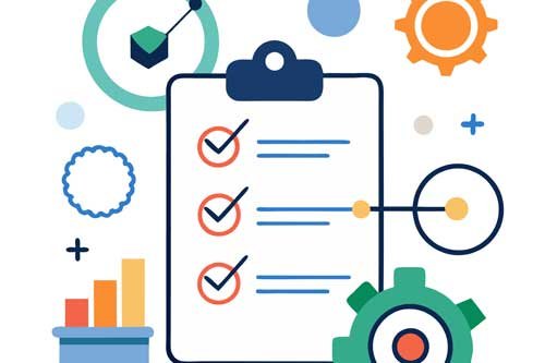 Illustration einer Checkliste mit Häkchen und Symbolen für Analyse und Prozesse.